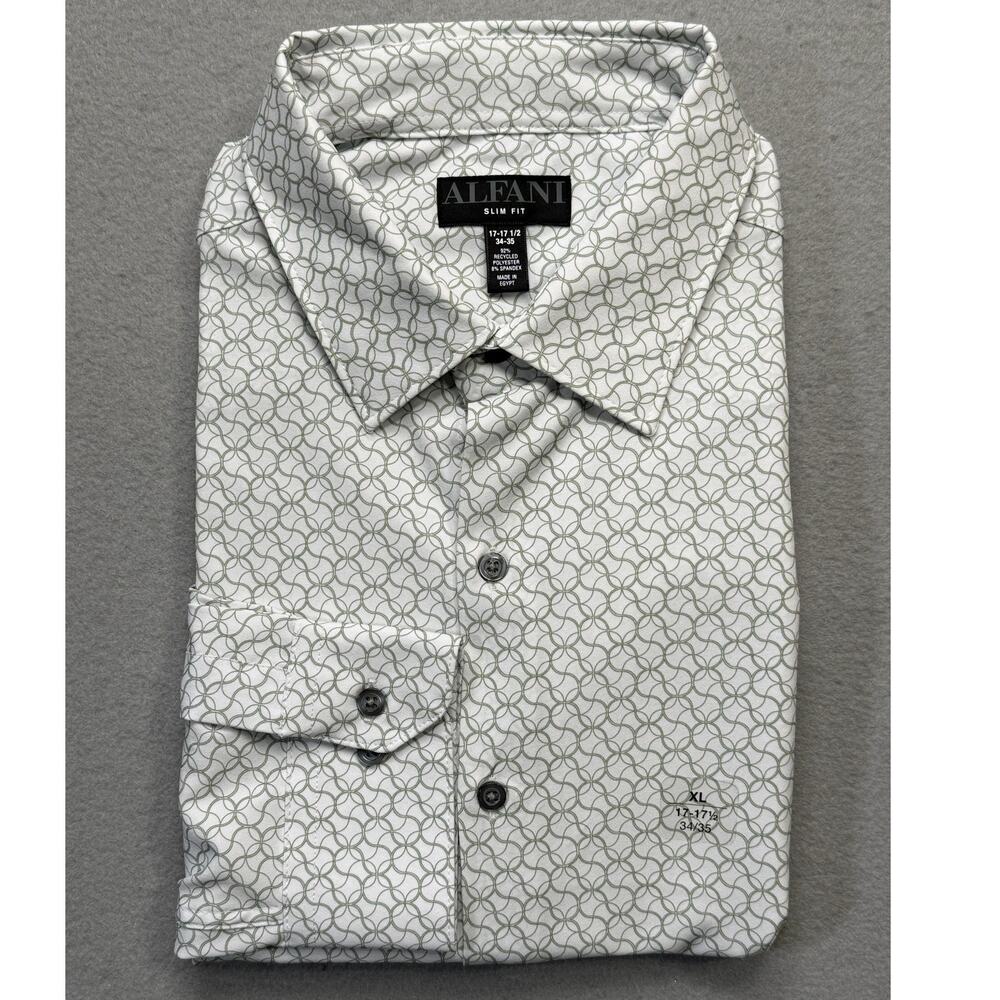 Alfani Men's Yvan Round-Print Dress Shirt White Sage 17-17.5 34-35 $65